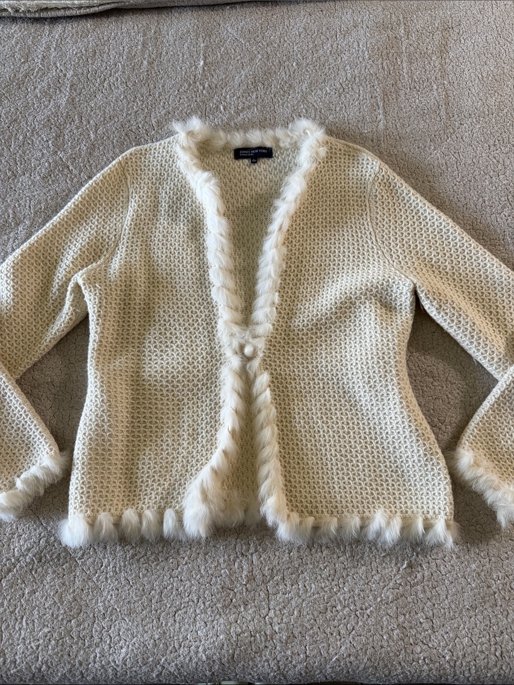 Jones New York Cream Knit Cardigan with Fur Trim Size Large Old Money